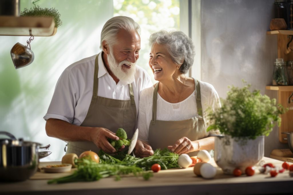 Abnehmen im Alter: Ein älteres Ehepaar kocht gemeinsam eine gesunde Mahlzeit mit viel Gemüse