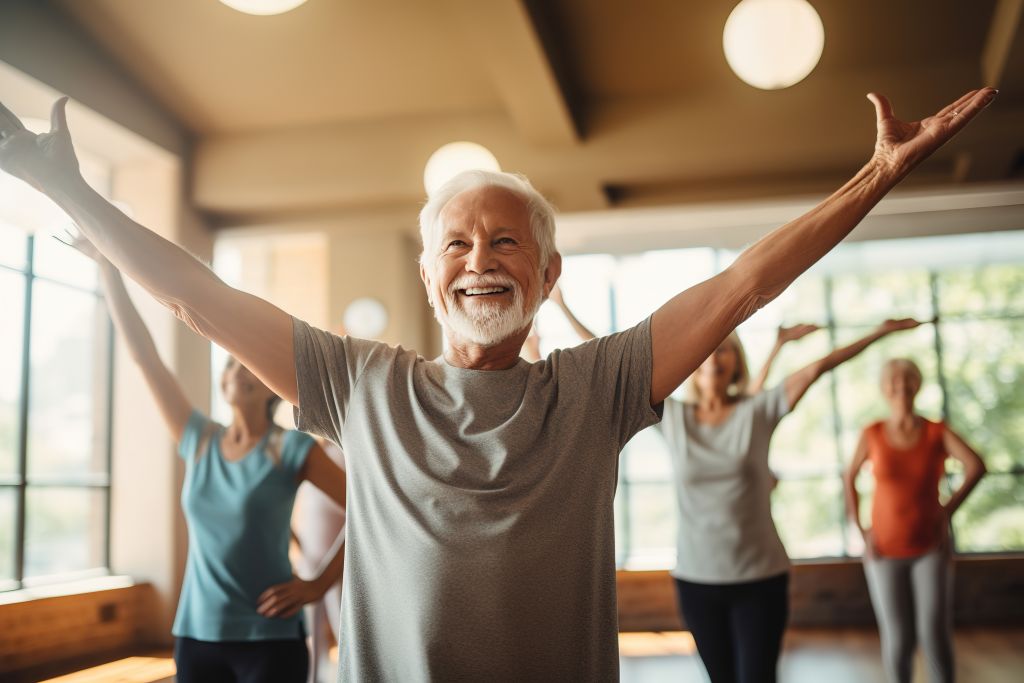 Abnehmen im Alter: Ein Senior nimmt an einem Sportkurs teil und fühlt sich dabei fit und vital