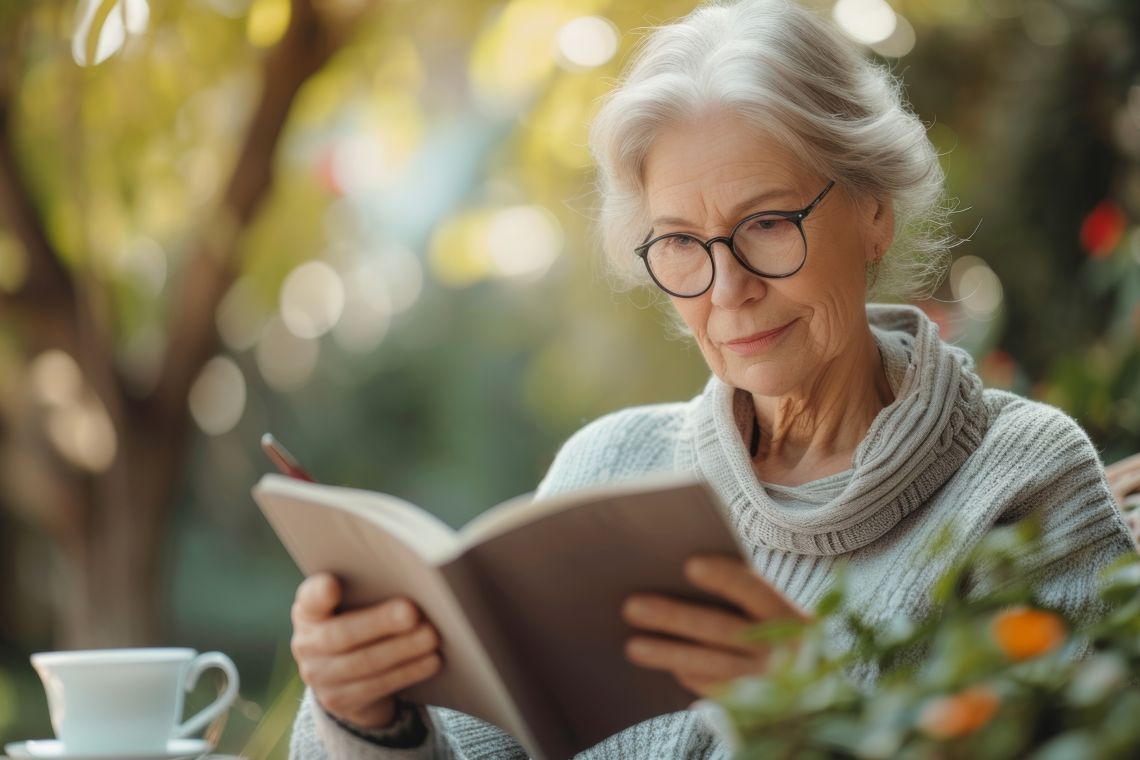 Eine ältere Frau notiert ihre Beobachtung rund um die Blasengesundheit in ihrem Gesundheitstagebuch