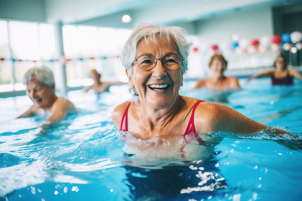 Seniorenschwimmen: Eine ältere Dame freut sich auf das gemeinsame Seniorenschwimmen
